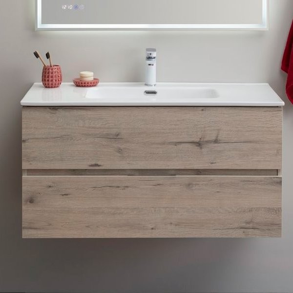 Тумба с раковиной Aquanet Алвита new 100 подвесная, дуб веллингтон белый, с ящиками