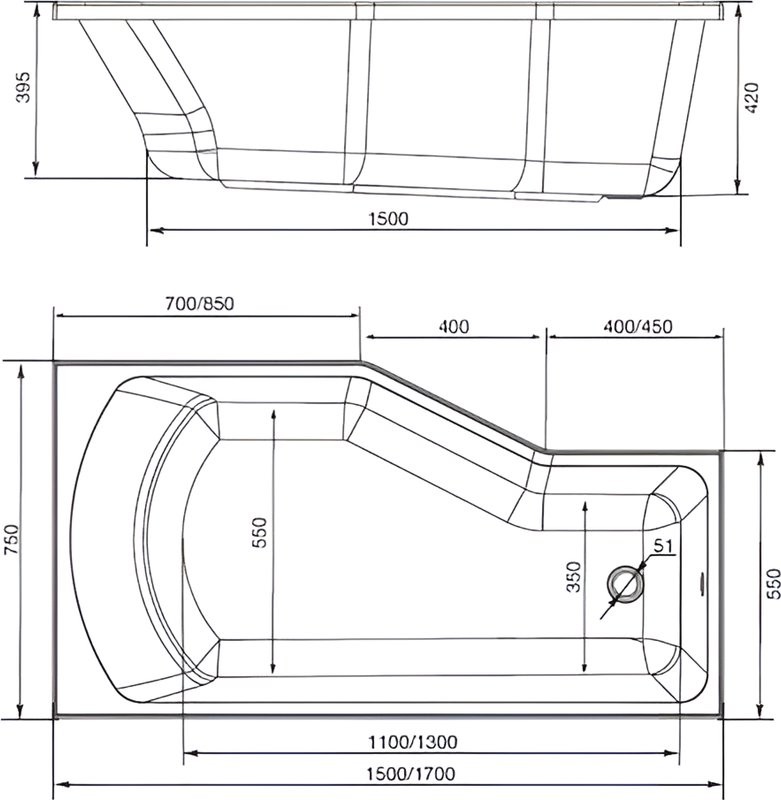 Комплект Акриловая ванна 1MarKa Convey L Стандарт 2+ 150x75 см, левая, встраиваемая, белая, асимметричная, со сливом-переливом