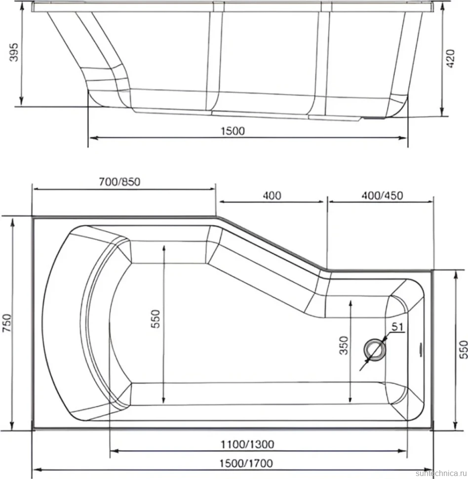 Комплект Акриловая ванна 1MarKa Convey L Стандарт 2+ 150x75 см, левая, встраиваемая, белая, асимметричная, со сливом-переливом