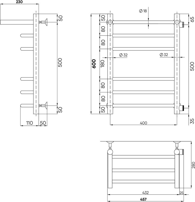 Полотенцесушитель водяной Indigo Brace LBCW60-40PBRR-б/п-50 боковое подключение, с полкой, черный муар