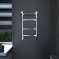 Полотенцесушитель электрический Grota Tela 430х800 NP EL 80x45 см, подключение справа, слева, скрытое подключение справа, глянцевый хром, лесенка, с полкой