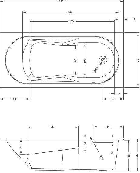 Акриловая ванна Riho Bathtubs Lazy R 180x80 см, правая, пристенная, еurowhite, с каркасом