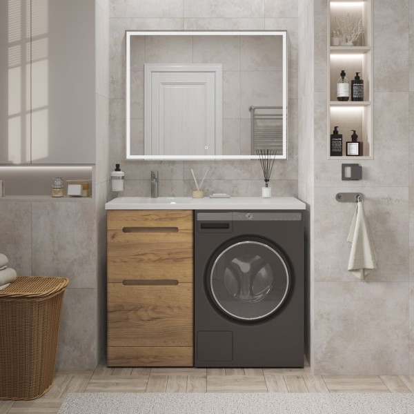 Мебель для ванной комнаты SanStar Толедо 110 L напольная, под стиральную машину, gold craft, дуб вотан, раковина Даллас 110