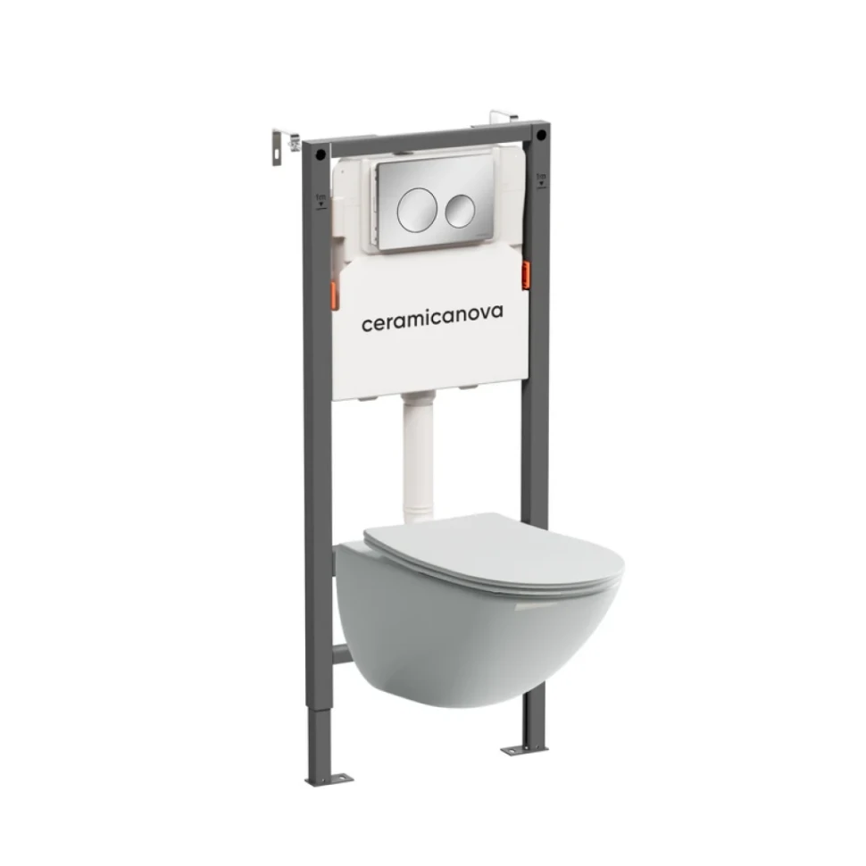 Комплект Ceramicanova Унитаз подвесной Mono CN1905 безободковый, с микролифтом + Инсталляция Balance CN121001CH с кнопкой Circle глянцевый хром