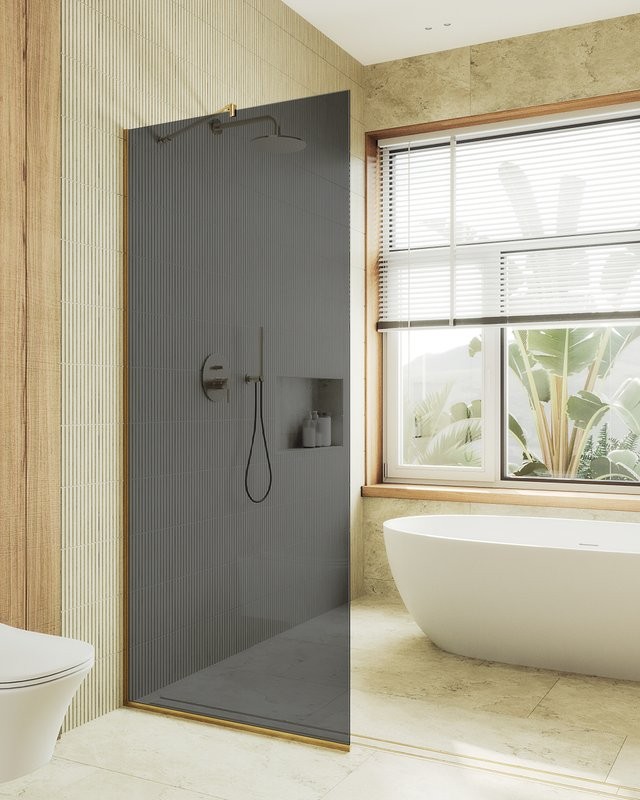 Душевая перегородка Maybahglass MGD-686-3у 119 см, профиль золото, стекло графит