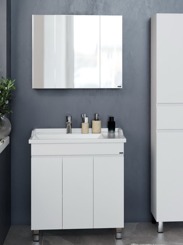 Мебель для ванной комнаты СаНта Марс 80 напольная, с дверками, глянцевая белая