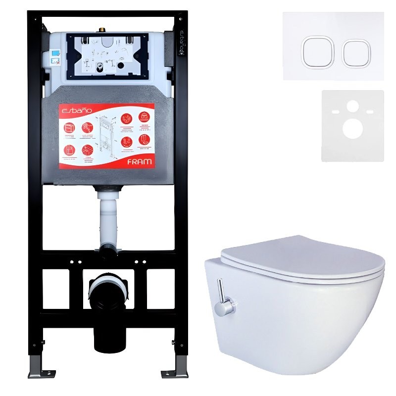 Комплект 3 в 1 Унитаз подвесной Esbano ESWBTERUWN + Инсталляция Fram + Кнопка ESINLPS10GW цвет глянцевый белый