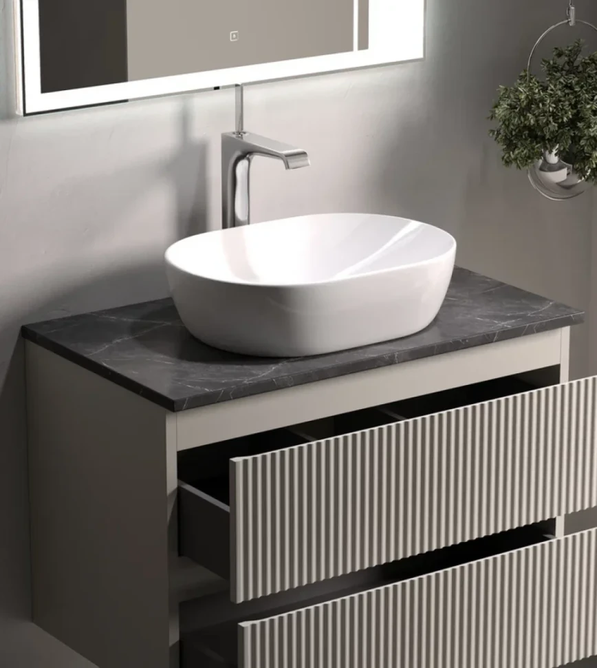 Тумба с раковиной Sancos Snob R 80 см, beige soft, столешница черный мрамор, раковина CN5010