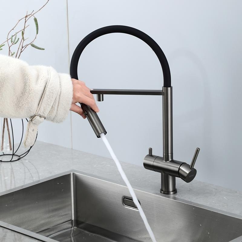 Смеситель для кухни Gappo G4397-89 с гибким изливом, оружейная сталь