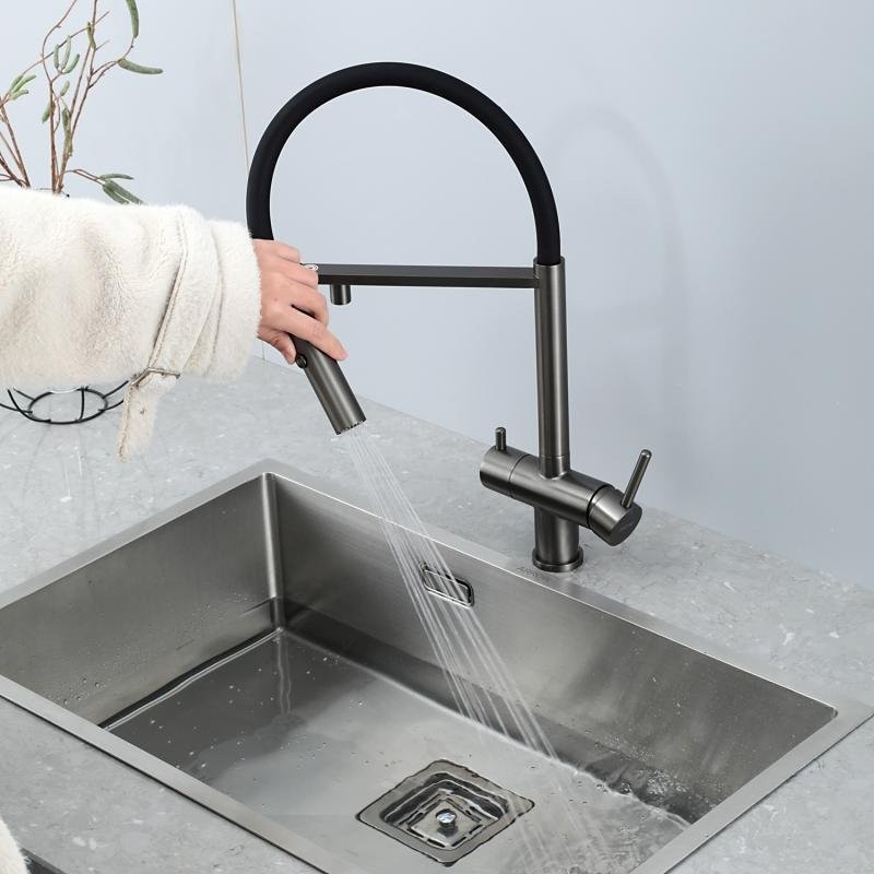 Смеситель для кухни Gappo G4397-89 с гибким изливом, оружейная сталь