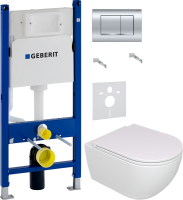 Комплект Унитаз подвесной GSG Like LKWCSO000 безободковый, белый глянец + Крышка LKCOPRSLTICR000 с микролифтом, белый глянец + Инсталляция Geberit Duofix Delta 458.163.21.1 с кнопкой смыва, хром + Звукоизоляция