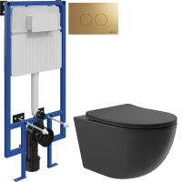 Комплект Унитаз подвесной Aqueduto Ovo OVO0140 безободковый, с микролифтом, черный матовый + Инсталляция STWORKI + Кнопка Хельсинки 500474 золотая матовая
