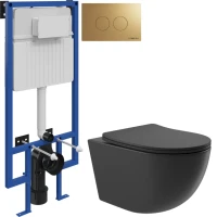 Комплект Унитаз подвесной Aqueduto Ovo OVO0140 безободковый, с микролифтом, черный матовый + Инсталляция STWORKI + Кнопка Хельсинки 500474 золотая матовая