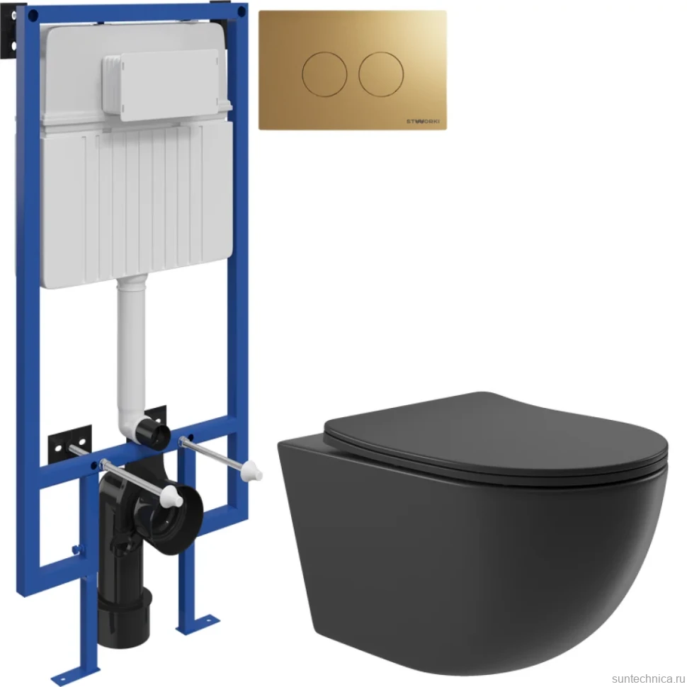 Комплект Унитаз подвесной Aqueduto Ovo OVO0140 безободковый, с микролифтом, черный матовый + Инсталляция STWORKI + Кнопка Хельсинки 500474 золотая матовая
