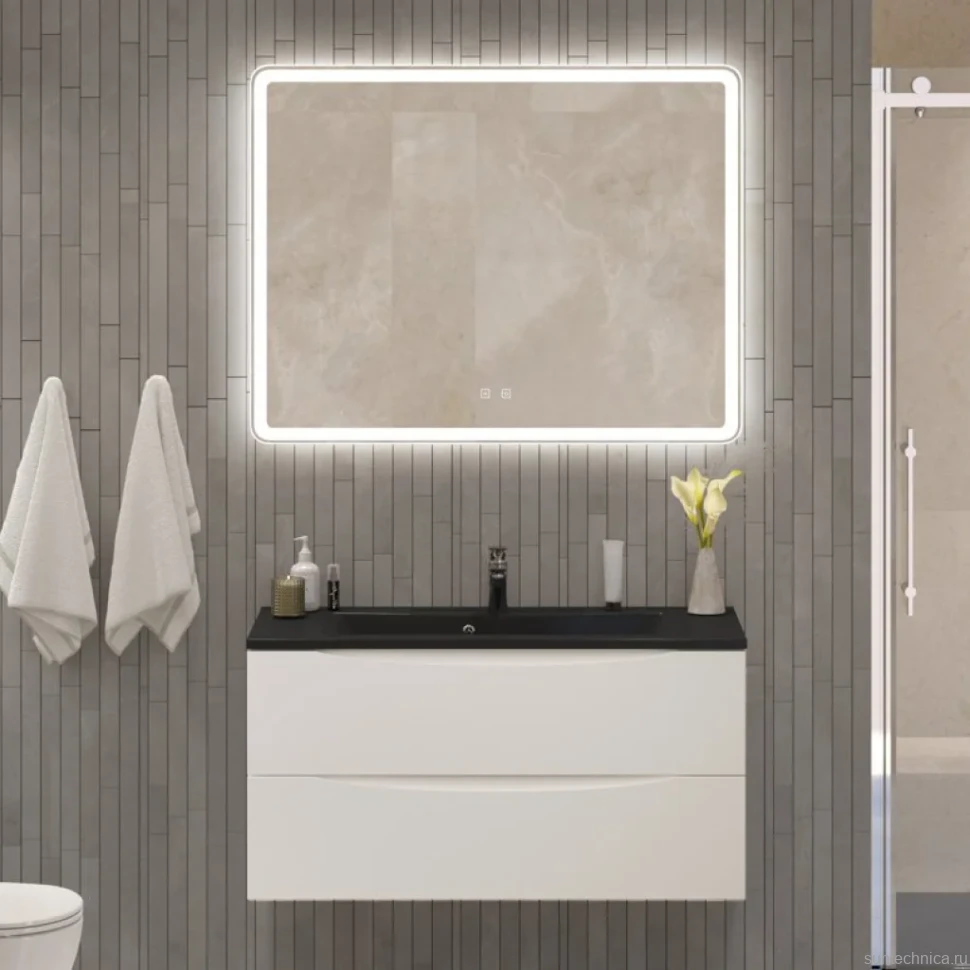 Мебель для ванной комнаты BelBagno Marino 100 подвесная, bianco lucido, черная раовина