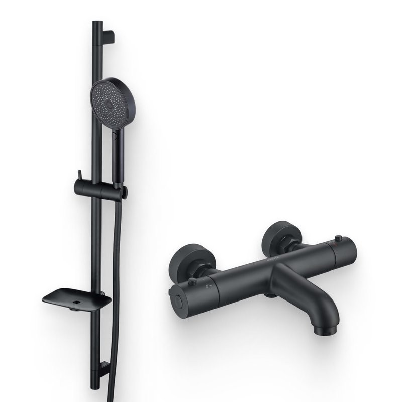 Душевой комплект Термостат AQUATEK Вега AQ1043MB для ванны с душем, матовый черный + Гарнитур AQ2031MB матовый черный