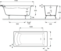 Чугунная ванна Jacob Delafon Biove E2930-S-00 170x75 см, встраиваемая, белая, на ножках