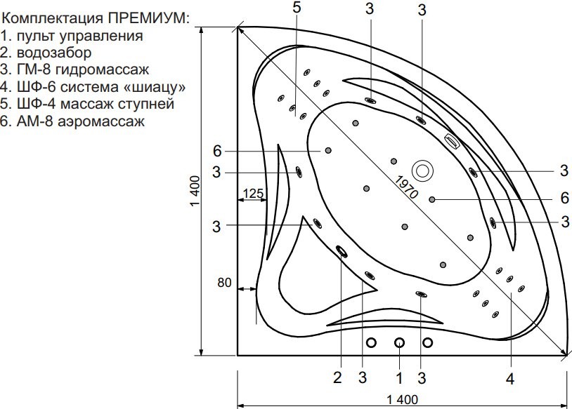 Ванна из искусственного камня Эстет Аврора Премиум ФР-00010031 140x140 см, угловая, правая, пристенная, с гидромассажем, белая, четверть круга, с каркасом, с сиденьем