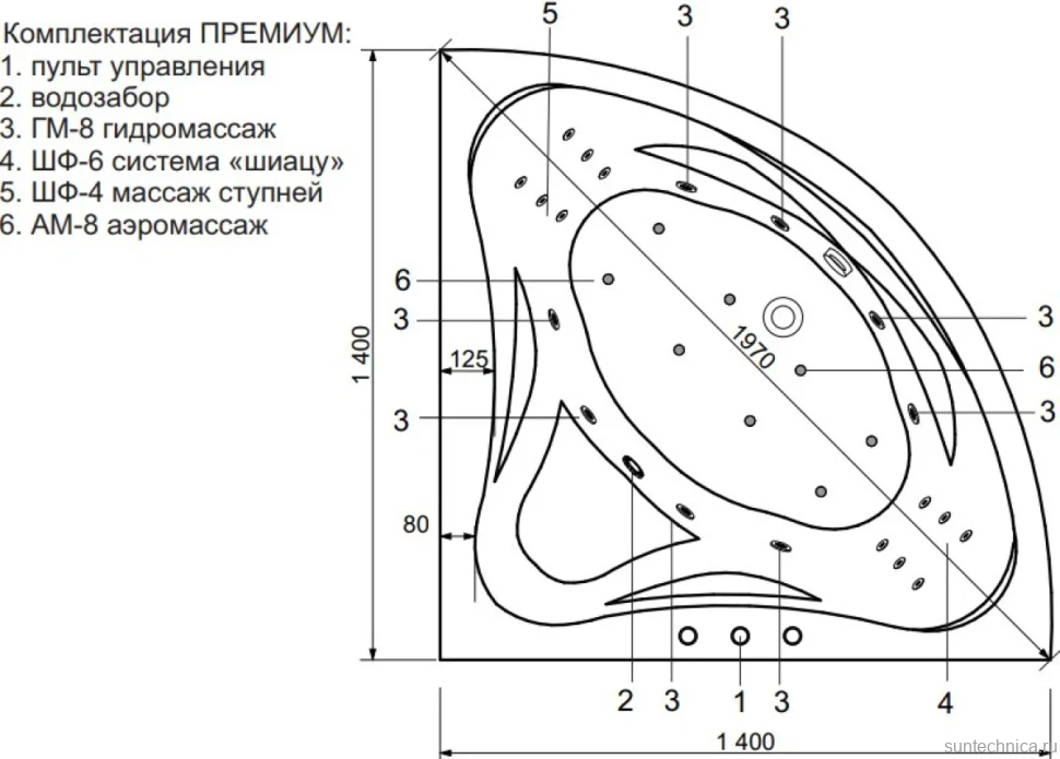 Ванна из искусственного камня Эстет Аврора Премиум ФР-00010031 140x140 см, угловая, правая, пристенная, с гидромассажем, белая, четверть круга, с каркасом, с сиденьем