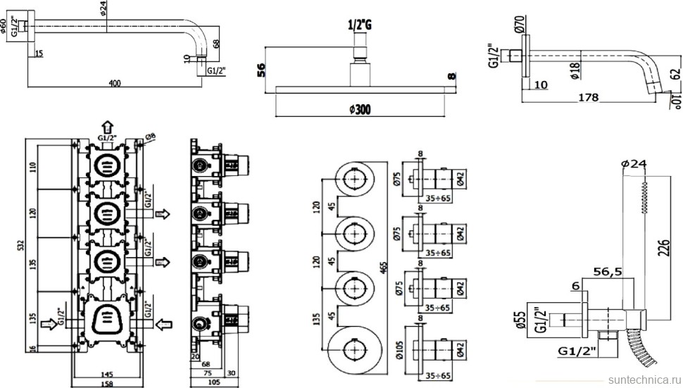 Душевой комплект Paffoni Modular Box KITMB019HG045KING С ВНУТРЕННЕЙ ЧАСТЬЮ, верхний душ 30 см, медовое золото