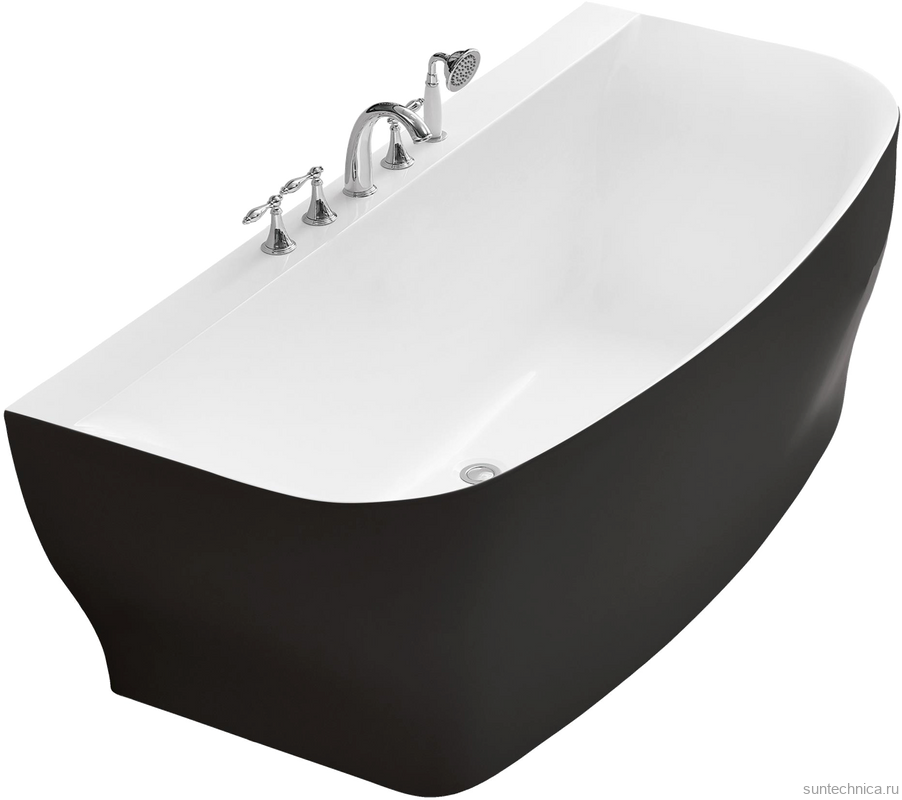 Акриловая ванна BelBagno BB74-NERO-W0 165x80 см, пристенная, черно-белая, на ножках, с донным клапаном