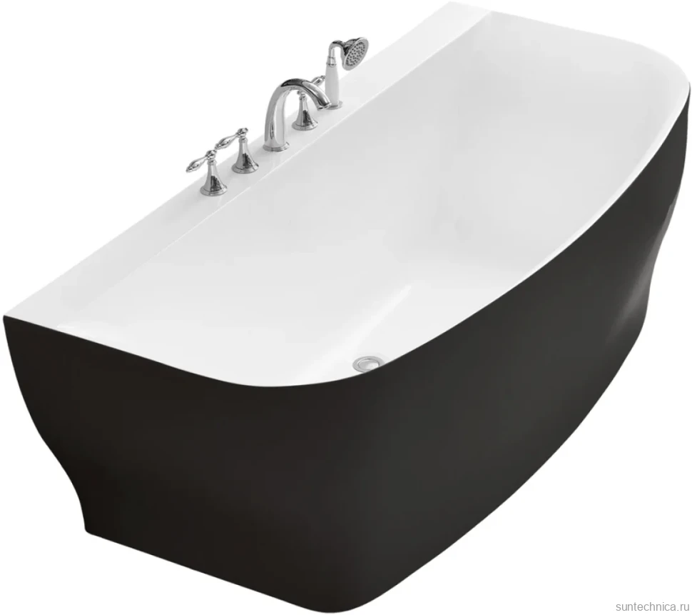 Акриловая ванна BelBagno BB74-NERO-W0 165x80 см, пристенная, черно-белая, на ножках, с донным клапаном