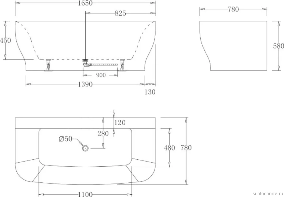 Акриловая ванна BelBagno BB74-NERO-W0 165x80 см, пристенная, черно-белая, на ножках, с донным клапаном