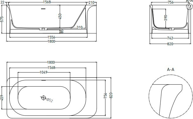 Ванна из искусственного камня Salini Ninfea S-Stone 180x80 см, отдельностоящая, матовая белая, со сливом-переливом, с донным клапаном