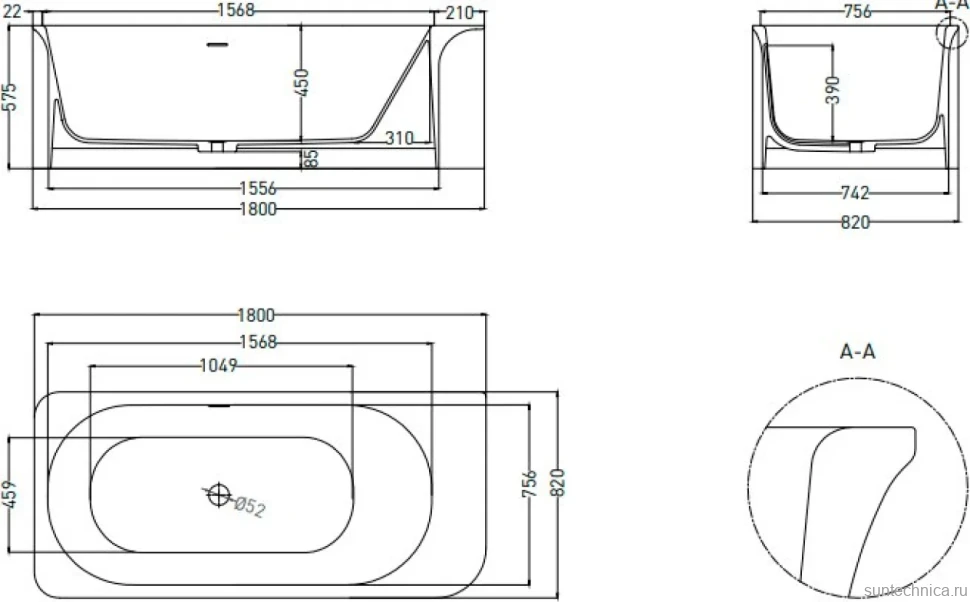 Ванна из искусственного камня Salini Ninfea S-Stone 180x80 см, отдельностоящая, матовая белая, со сливом-переливом, с донным клапаном