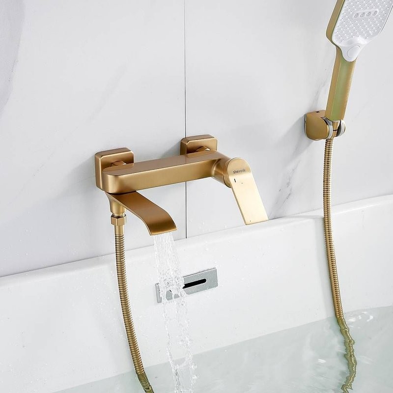 Смеситель для ванны с изливом и душевой лейкой Shevanik S4102G, золотой сатин