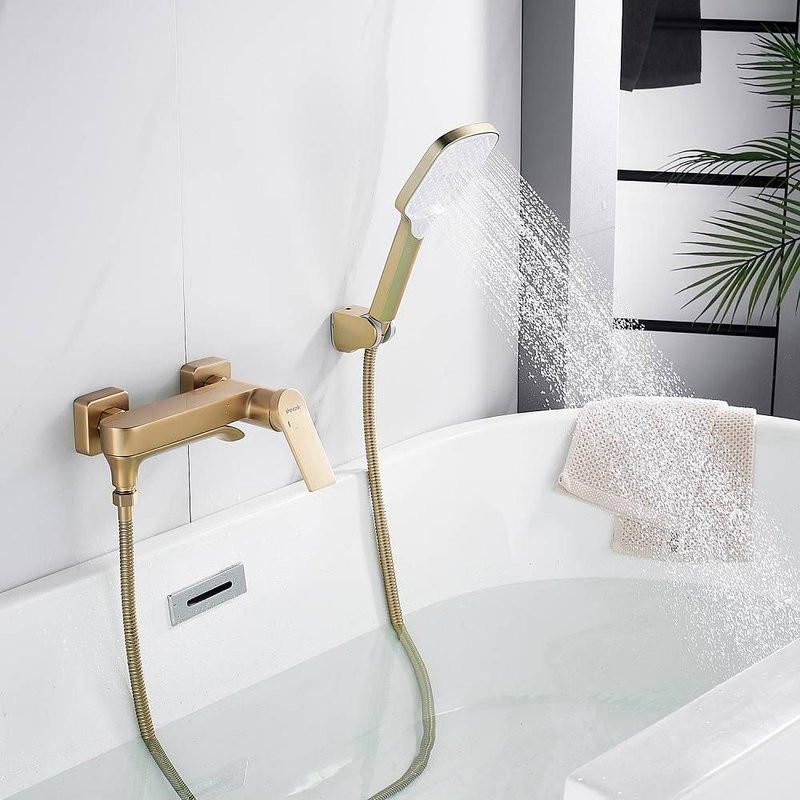 Смеситель для ванны с изливом и душевой лейкой Shevanik S4102G, золотой сатин