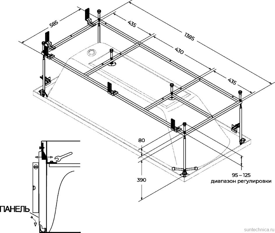 Акриловая ванна Cezares Plane Solo Mini 150x70 см, пристенная, белая, с каркасом