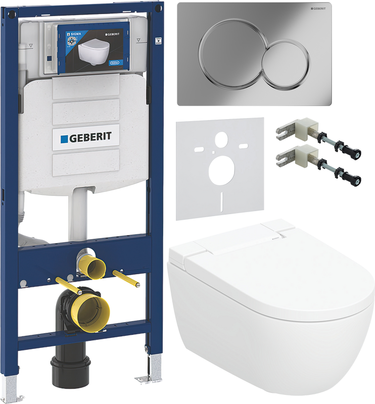 Комплект Умный унитаз Geberit AquaClean Alba безободковый, с биде + Инсталляция Duofix UP 320 111.300.00.5 + Кнопка Sigma 01 115.770.21.5 хром + Звукоизоляция + Крепления 111.815.00.1 к стене