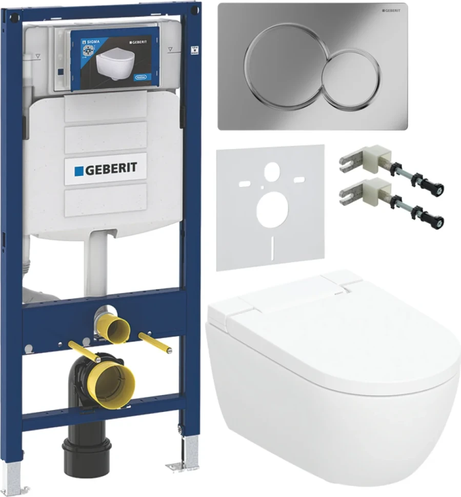 Комплект Умный унитаз Geberit AquaClean Alba безободковый, с биде + Инсталляция Duofix UP 320 111.300.00.5 + Кнопка Sigma 01 115.770.21.5 хром + Звукоизоляция + Крепления 111.815.00.1 к стене