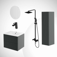 Комплект IDDIS 6в1: тумба подвесная с умывальником Bild 60 см + зеркало с термообогревом Bild + пенал Bild подвесной + душевая система Bild + смеситель для умывальника Bild
