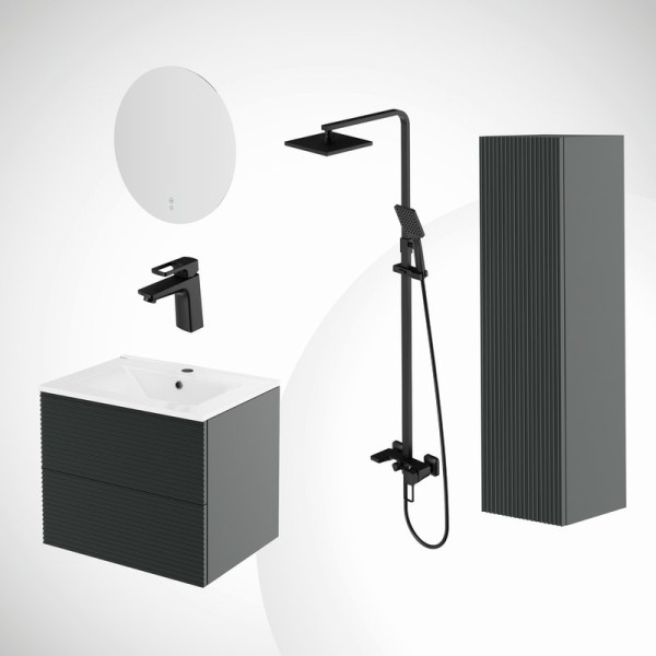 Комплект IDDIS 6в1: тумба подвесная с умывальником Bild 60 см + зеркало с термообогревом Bild + пенал Bild подвесной + душевая система Bild + смеситель для умывальника Bild