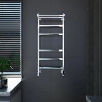 Полотенцесушитель электрический Grota Tela 430х1000 NP EL 100x45 см, подключение справа, слева, скрытое подключение справа, глянцевый хром, лесенка, с полкой