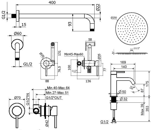 Комплект для ванной Plumberia Selection Ixo KITZXO01NO53 С ВНУТРЕННЕЙ ЧАСТЬЮ, черный матовый