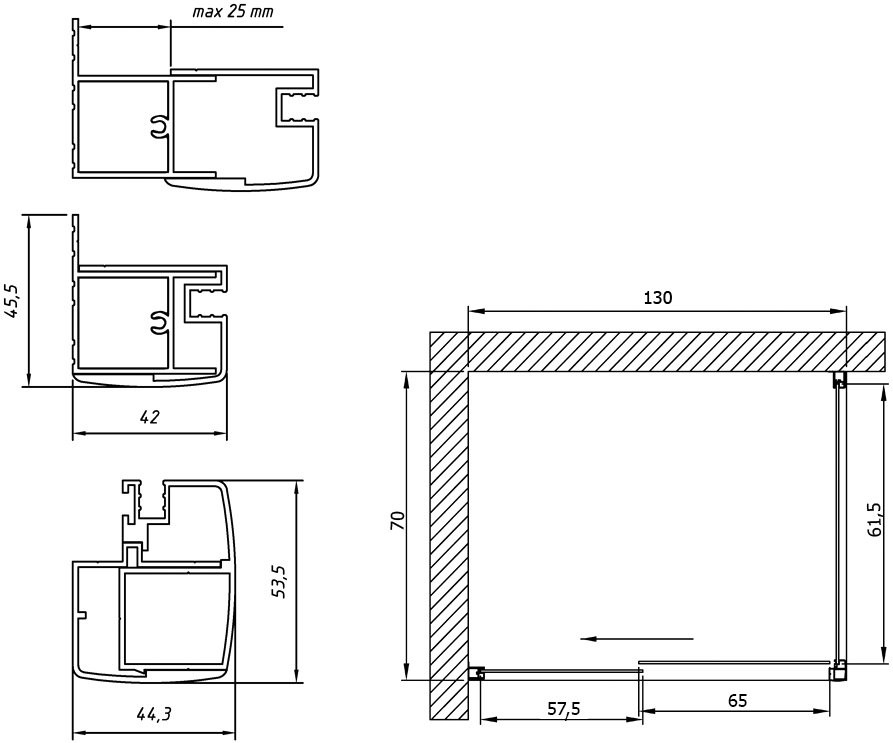 Душевой уголок Vegas Glass ZP+ZPV NOVO 130*70 03 01 профиль золото матовое, стекло прозрачное