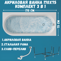 Акриловая ванна 1MarKa Alisa MG R Стандарт 2 170x75 см, угловая, правая, встраиваемая, белая, асимметричная, с каркасом, со сливом-переливом