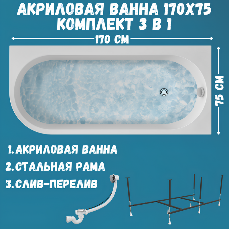 Акриловая ванна 1MarKa Alisa MG R Стандарт 2 170x75 см, угловая, правая, встраиваемая, белая, асимметричная, с каркасом, со сливом-переливом