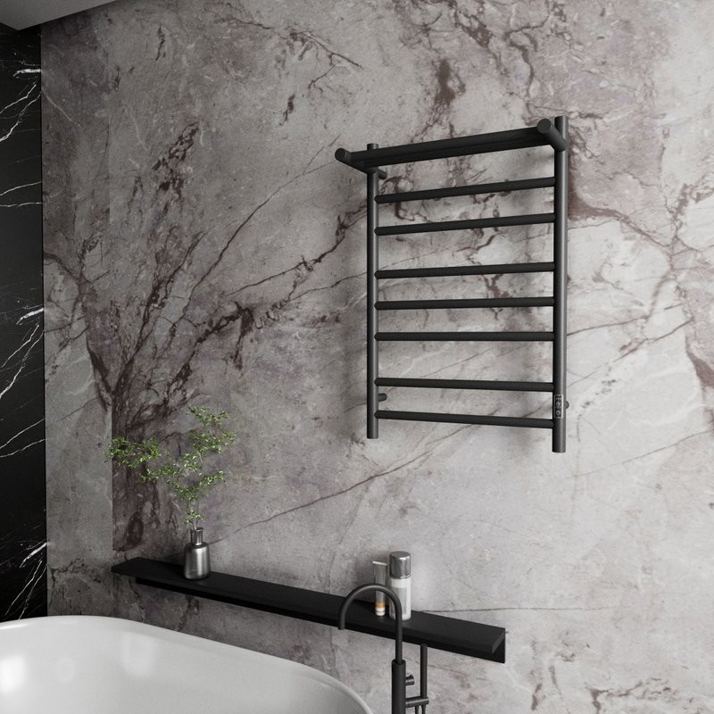 Полотенцесушитель электрический Bauedge Stil Shelf R 50х80, с полкой, матовый черный RAL9005