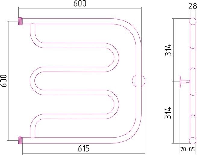 Полотенцесушитель водяной Стилье Тандем 2П 60x60 см, глянцевый хром, E-образный