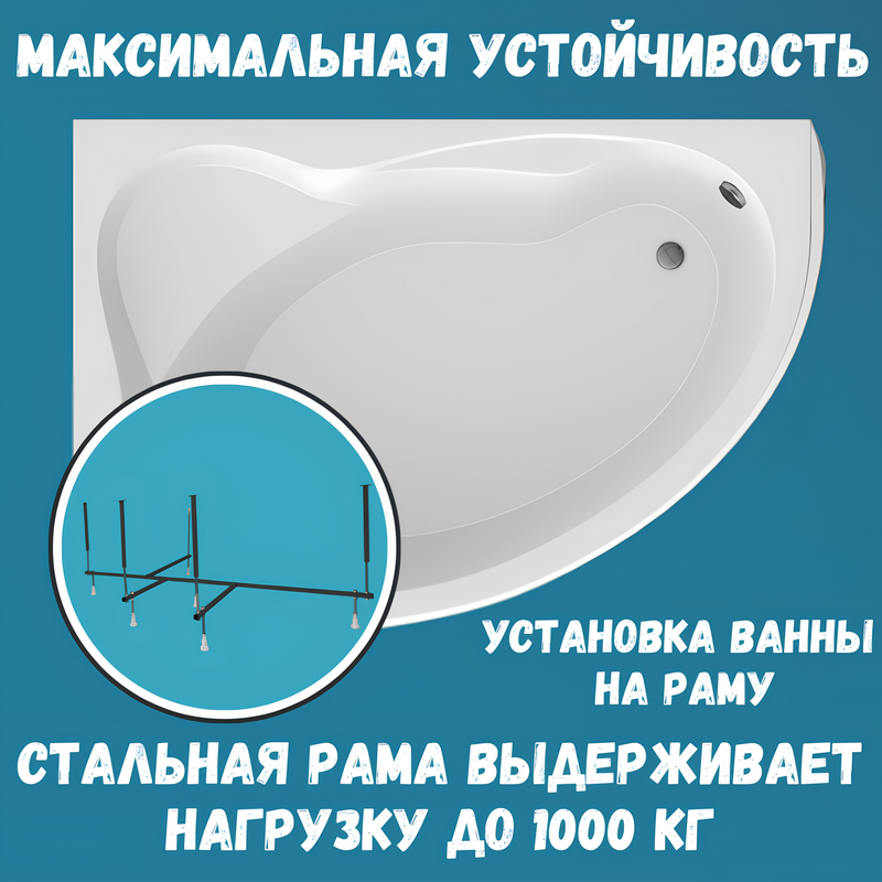 Акриловая ванна 1MarKa Catania L Премиум 150x105 см, угловая, левая, пристенная, белая, асимметричная, с каркасом, с экраном, с сиденьем, со сливом-переливом