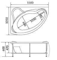 Акриловая ванна 1MarKa Catania L Премиум 150x105 см, угловая, левая, пристенная, белая, асимметричная, с каркасом, с экраном, с сиденьем, со сливом-переливом