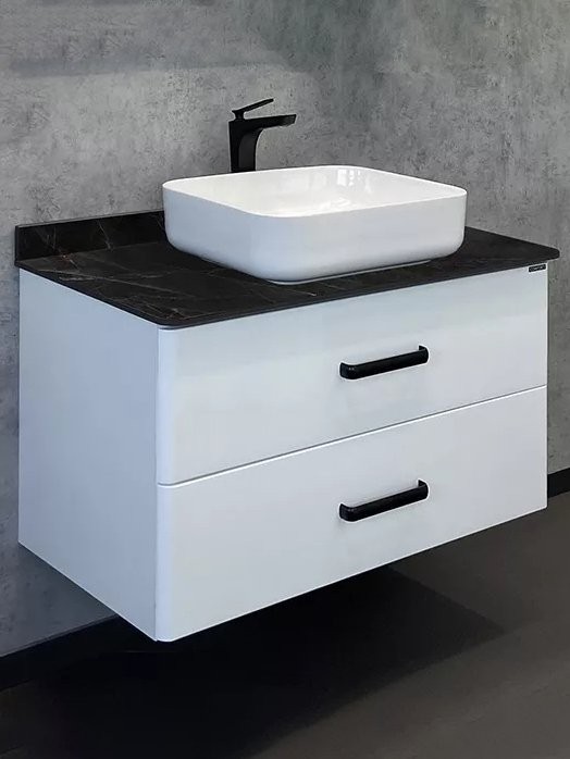 Тумба с раковиной Comforty Амстердам 95 подвесная, глянцевая белая, со столешницей под мрамор Калакатта Блэк