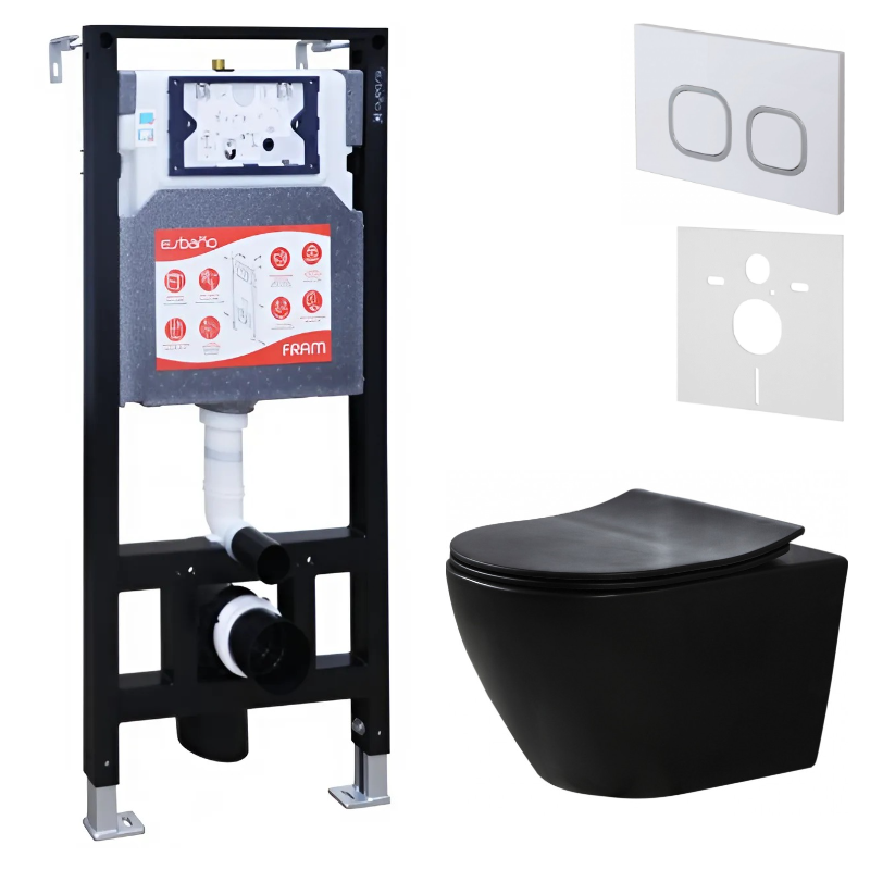 Комплект Унитаз подвесной Esbano Amapola ESUPAMAPBM матовый черный + Инсталляция Fram + Кнопка ESINLPS10GW