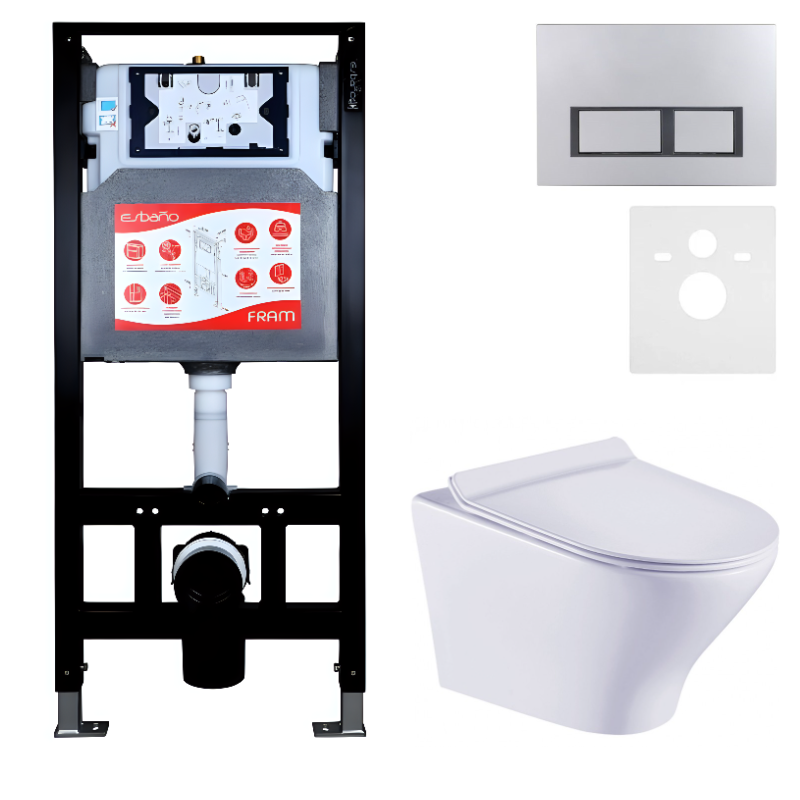 Комплект Унитаз подвесной Esbano Aster ESUPASTEW белый глянец + Инсталляция Fram + Кнопка ESINPRK12MC