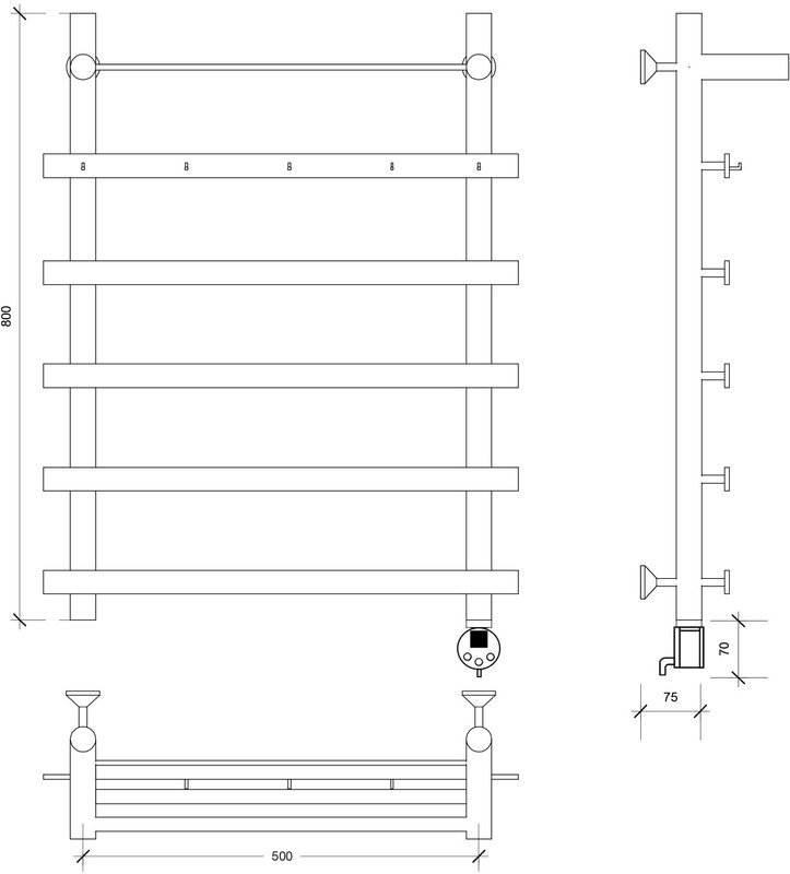 Полотенцесушитель электрический Secado Понтида 1 КСП, R 80x60 см, подключение справа, матовый черный, лесенка, с полкой