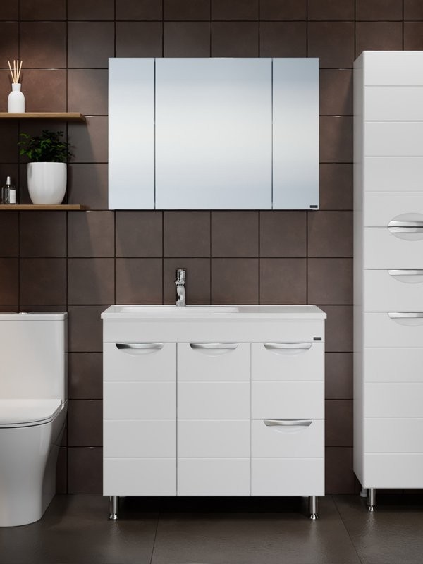 Мебель для ванной комнаты СаНта Родос 90 напольная, с ящиками и дверками, глянцевая белая